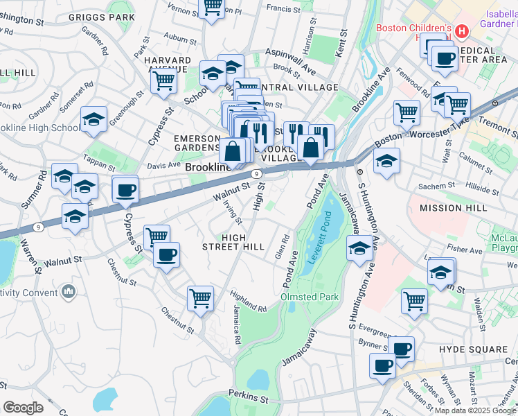map of restaurants, bars, coffee shops, grocery stores, and more near 44 High Street in Brookline