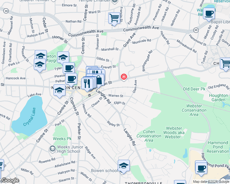 map of restaurants, bars, coffee shops, grocery stores, and more near 145 Warren Street in Newton