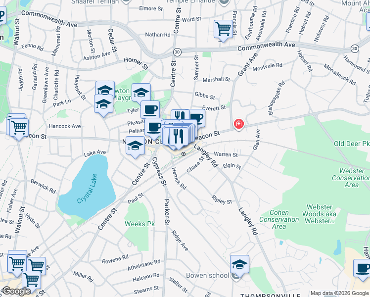 map of restaurants, bars, coffee shops, grocery stores, and more near 792 Beacon Street in Newton