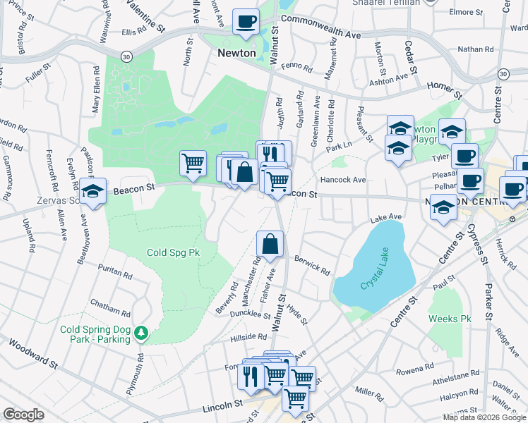 map of restaurants, bars, coffee shops, grocery stores, and more near 19 Carthay Circle in Newton