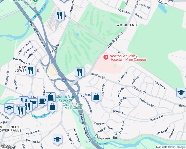 map of restaurants, bars, coffee shops, grocery stores, and more near in Newton