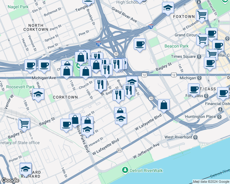 map of restaurants, bars, coffee shops, grocery stores, and more near 1365 Bagley Street in Detroit