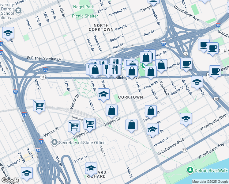 map of restaurants, bars, coffee shops, grocery stores, and more near 2081 Vermont Street in Detroit