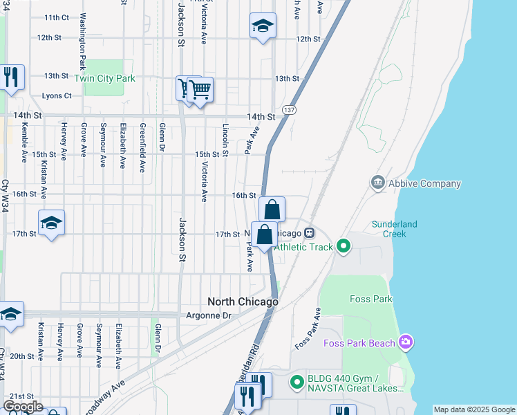 map of restaurants, bars, coffee shops, grocery stores, and more near 1610 Sheridan Road in North Chicago