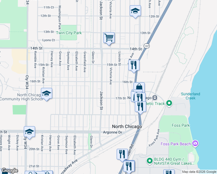 map of restaurants, bars, coffee shops, grocery stores, and more near 1611 Jackson Street in North Chicago