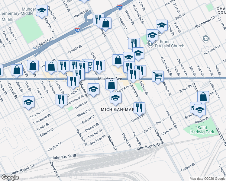 map of restaurants, bars, coffee shops, grocery stores, and more near 4030 Cicotte Street in Detroit