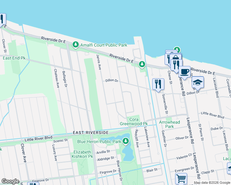 map of restaurants, bars, coffee shops, grocery stores, and more near 986 Whistler Court in Windsor