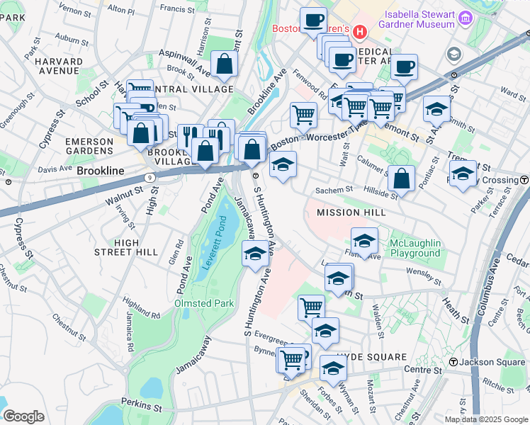 map of restaurants, bars, coffee shops, grocery stores, and more near 78 South Huntington Avenue in Boston