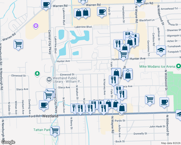 map of restaurants, bars, coffee shops, grocery stores, and more near 6241 Hunter Pointe Street in Westland