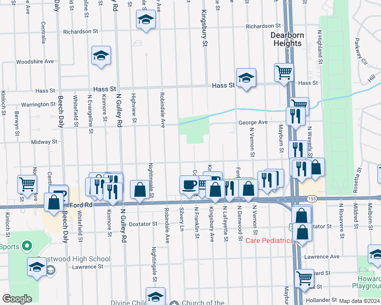 map of restaurants, bars, coffee shops, grocery stores, and more near 5935 Colonial Street in Dearborn Heights