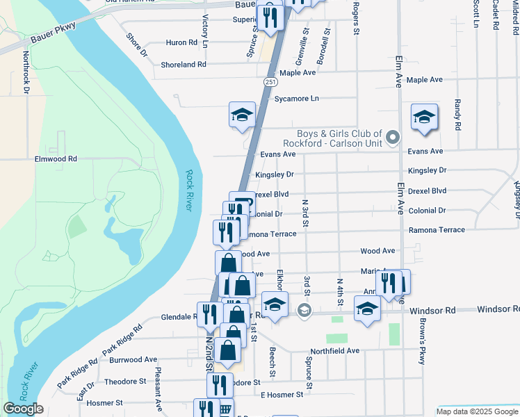 map of restaurants, bars, coffee shops, grocery stores, and more near 620 Colonial Drive in Machesney Park