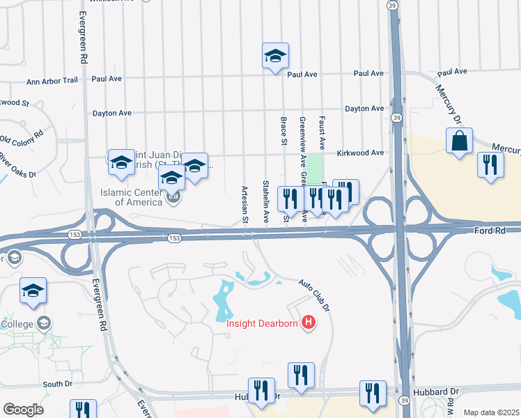 map of restaurants, bars, coffee shops, grocery stores, and more near 5671 Stahelin Avenue in Detroit