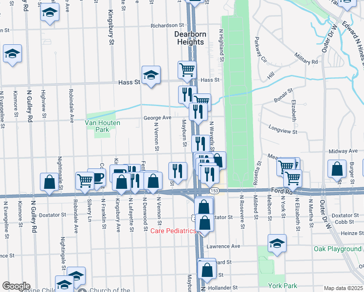 map of restaurants, bars, coffee shops, grocery stores, and more near 5927 Mayburn Street in Dearborn Heights