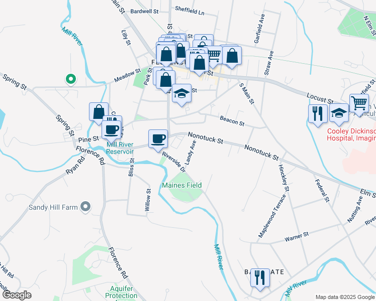 map of restaurants, bars, coffee shops, grocery stores, and more near 29 Landy Avenue in Northampton