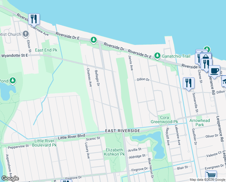 map of restaurants, bars, coffee shops, grocery stores, and more near 959 Banwell Road in Windsor