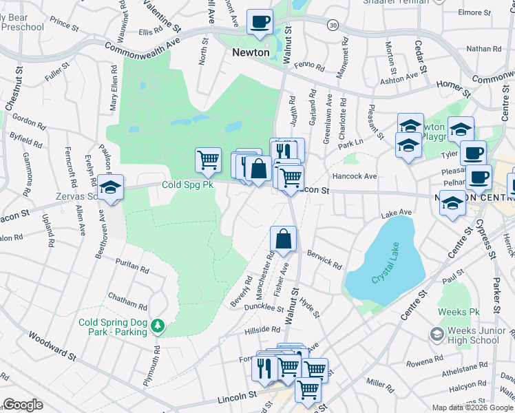 map of restaurants, bars, coffee shops, grocery stores, and more near 35 Wilson Circle in Newton