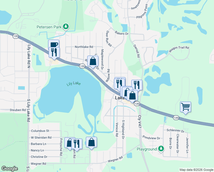 map of restaurants, bars, coffee shops, grocery stores, and more near 234 West Rand Road in Lakemoor