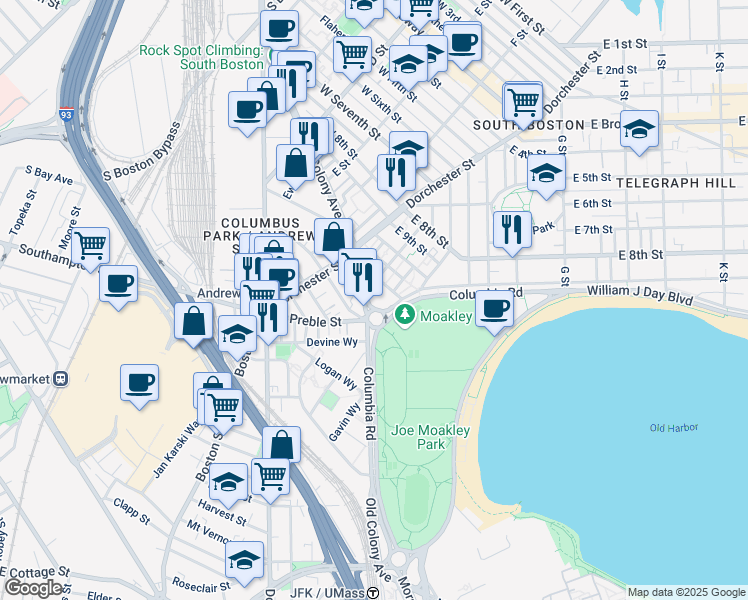 map of restaurants, bars, coffee shops, grocery stores, and more near 290 Old Colony Avenue in Boston