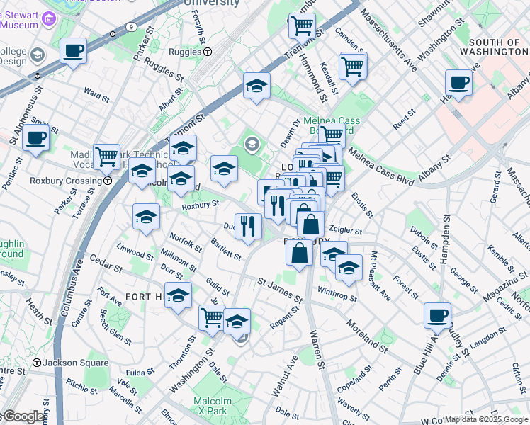 map of restaurants, bars, coffee shops, grocery stores, and more near 55 Roxbury Street in Boston