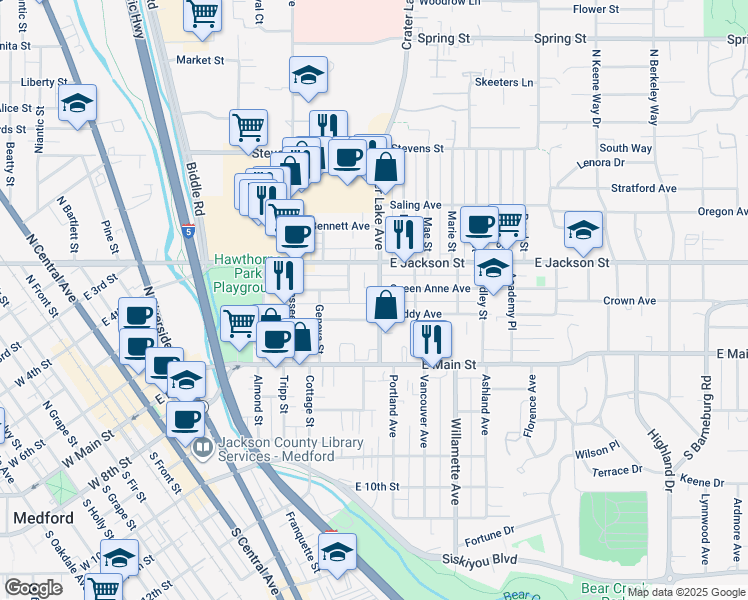 map of restaurants, bars, coffee shops, grocery stores, and more near 117 Crater Lake Avenue in Medford