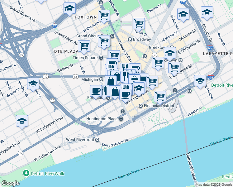 map of restaurants, bars, coffee shops, grocery stores, and more near Washington Boulevard in Detroit