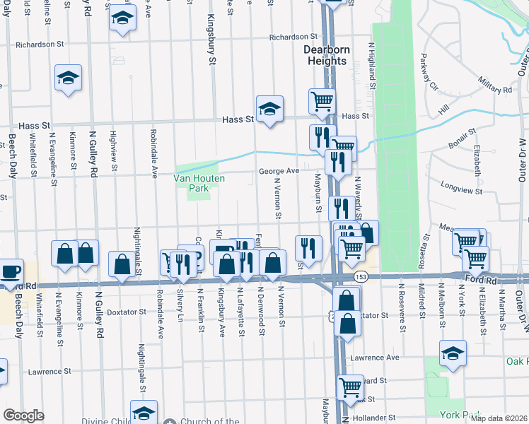 map of restaurants, bars, coffee shops, grocery stores, and more near 5938 Fenton Street in Dearborn Heights