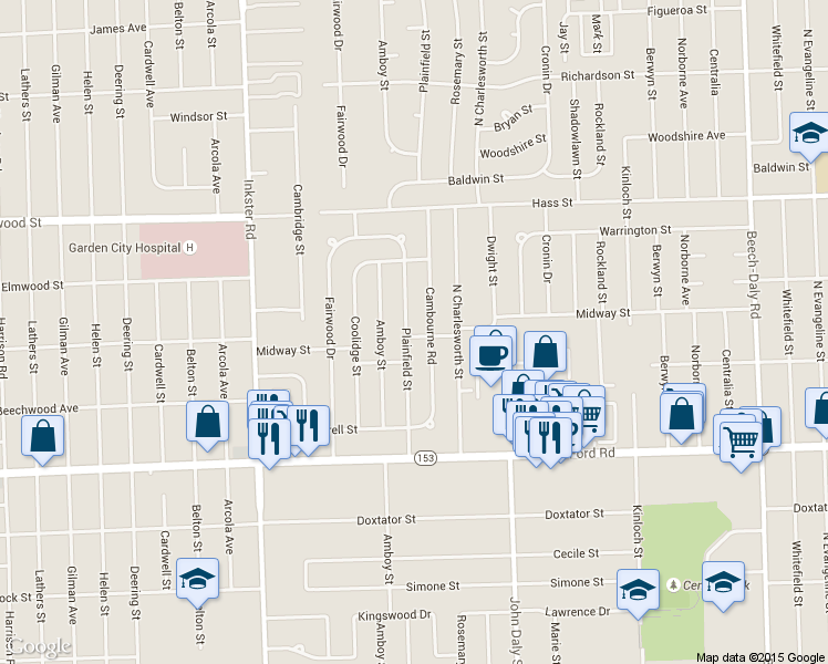 map of restaurants, bars, coffee shops, grocery stores, and more near 6014 Plainfield Street in Dearborn Heights