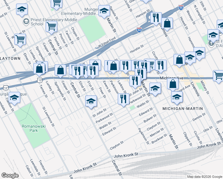 map of restaurants, bars, coffee shops, grocery stores, and more near 4416 Ewers St in Detroit