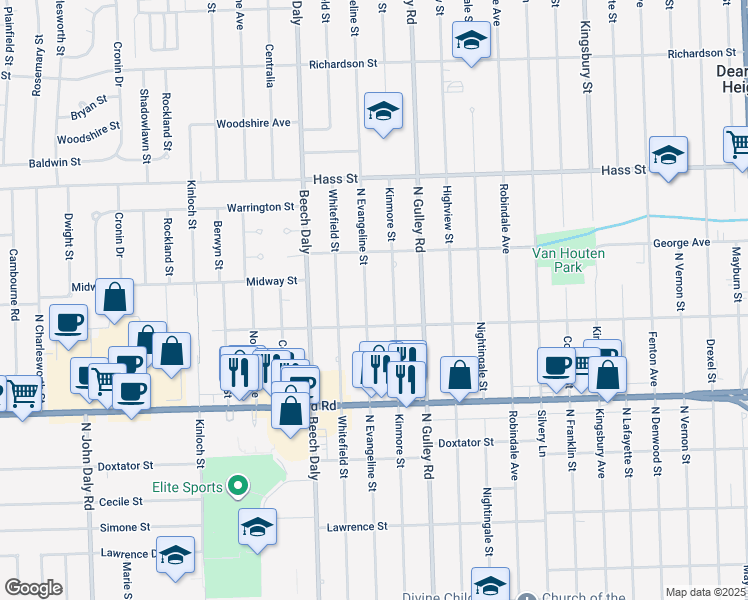 map of restaurants, bars, coffee shops, grocery stores, and more near 5947 Kinmore Street in Dearborn Heights
