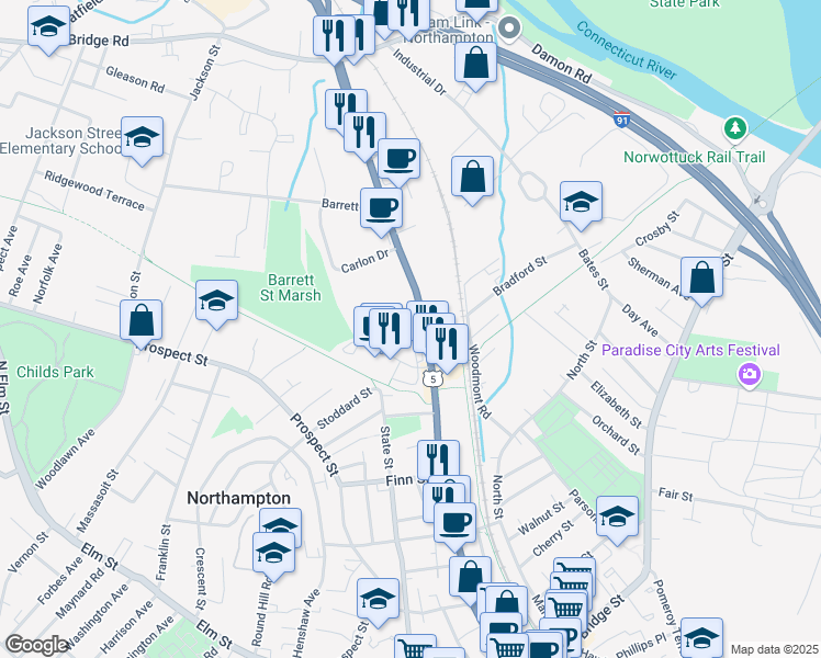 map of restaurants, bars, coffee shops, grocery stores, and more near 242 King Street in Northampton