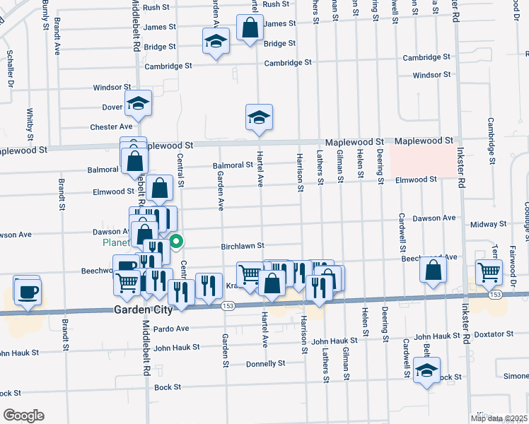 map of restaurants, bars, coffee shops, grocery stores, and more near 28537 Block Street in Garden City