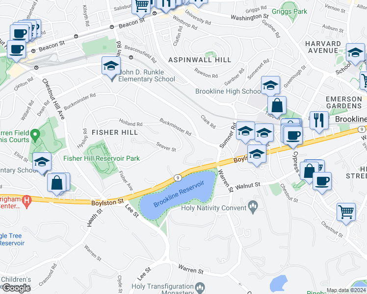 map of restaurants, bars, coffee shops, grocery stores, and more near 46 Seaver Street in Brookline