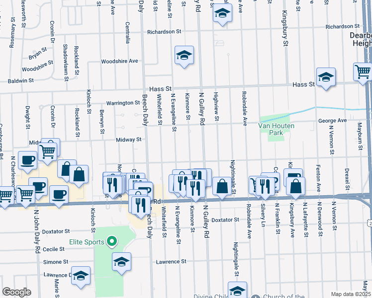 map of restaurants, bars, coffee shops, grocery stores, and more near 5947 Kinmore St in Dearborn Heights