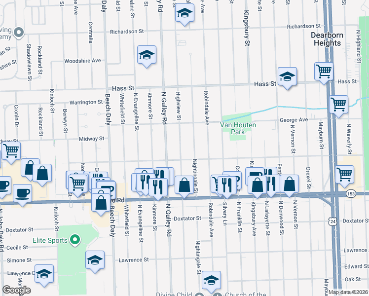 map of restaurants, bars, coffee shops, grocery stores, and more near 5948 Highview Street in Dearborn Heights
