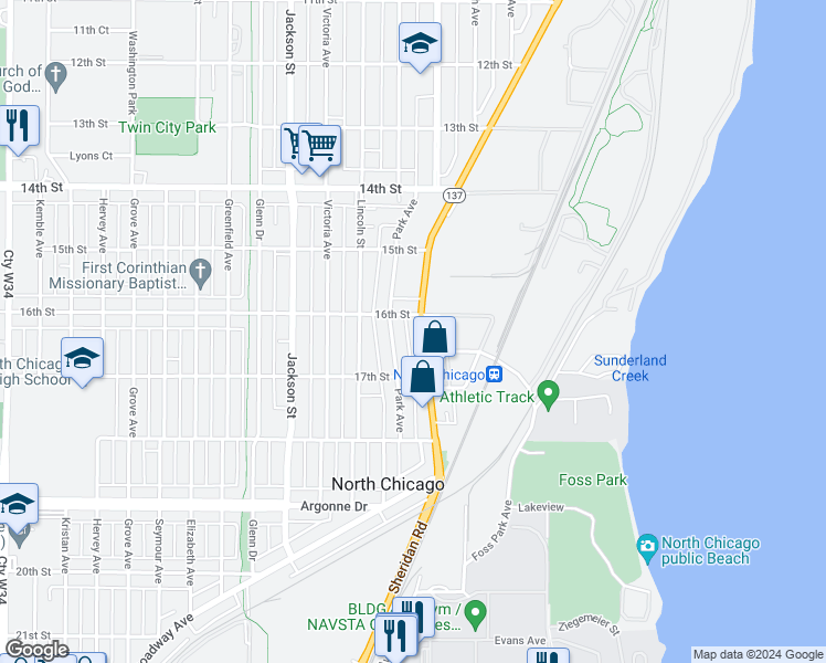 map of restaurants, bars, coffee shops, grocery stores, and more near 1610 Sheridan Road in North Chicago