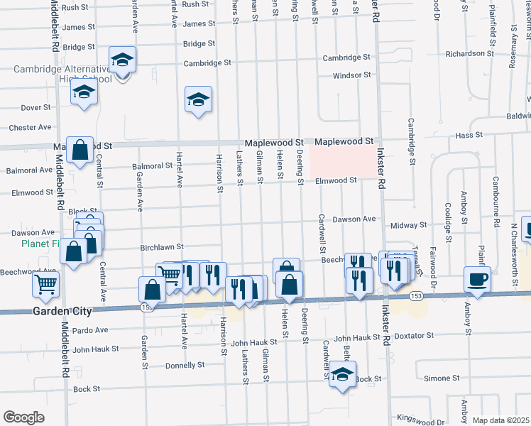 map of restaurants, bars, coffee shops, grocery stores, and more near 6030 Gilman Street in Garden City