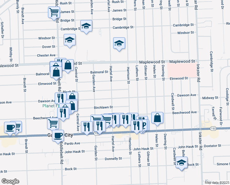 map of restaurants, bars, coffee shops, grocery stores, and more near 28537 Block Street in Garden City