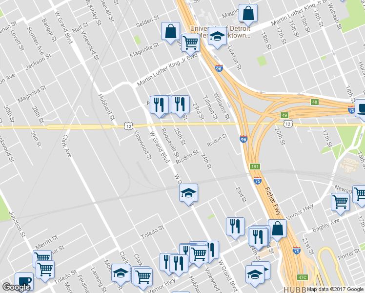 map of restaurants, bars, coffee shops, grocery stores, and more near 2751 25th Street in Detroit