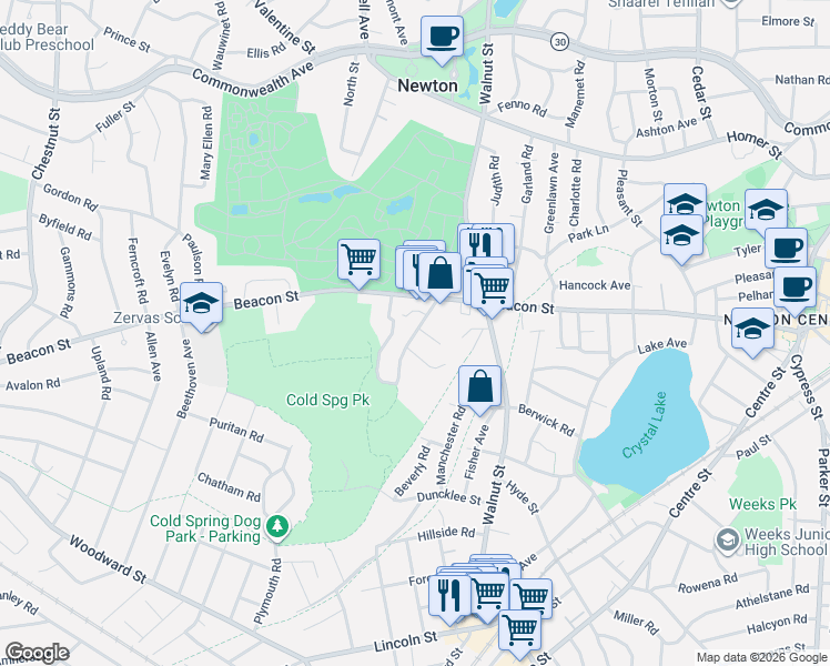map of restaurants, bars, coffee shops, grocery stores, and more near 70 Beaconwood Road in Newton