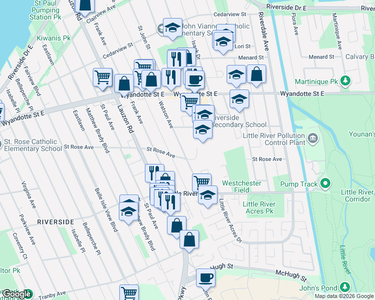 map of restaurants, bars, coffee shops, grocery stores, and more near 973 Watson Avenue in Windsor