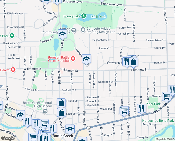 map of restaurants, bars, coffee shops, grocery stores, and more near 115 East Emmett Street in Battle Creek