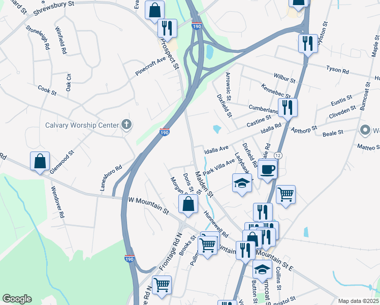 map of restaurants, bars, coffee shops, grocery stores, and more near 119 Malden Street in Worcester