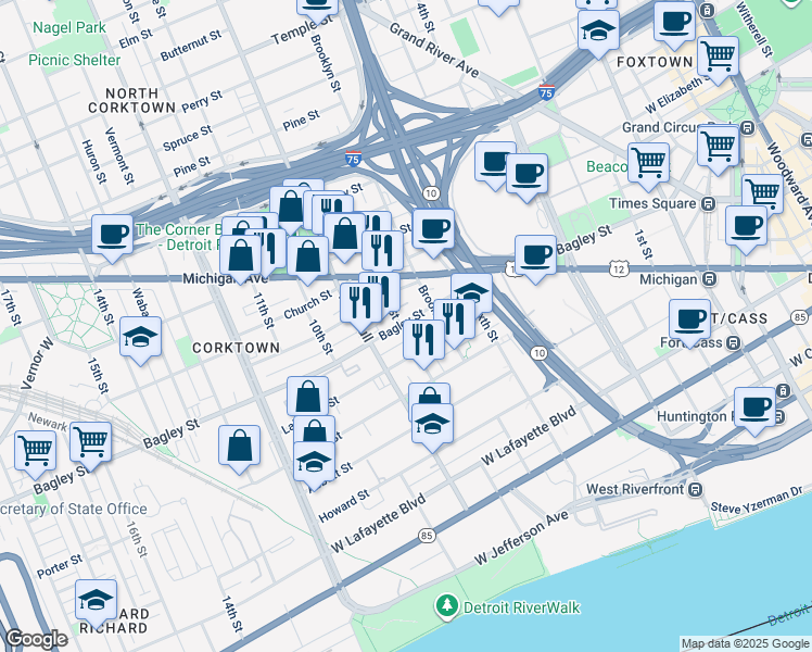 map of restaurants, bars, coffee shops, grocery stores, and more near 1365 Bagley Street in Detroit