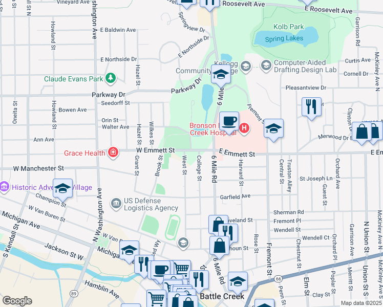 map of restaurants, bars, coffee shops, grocery stores, and more near 65 East Emmett Street in Battle Creek
