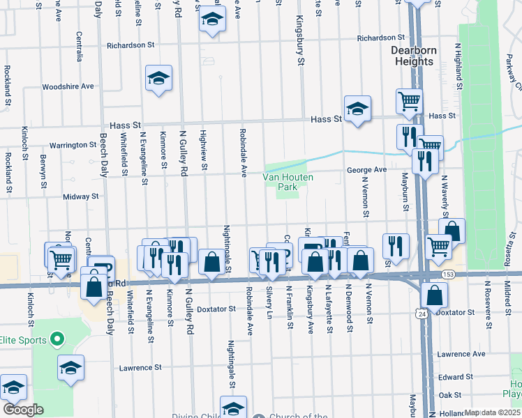 map of restaurants, bars, coffee shops, grocery stores, and more near 5955 Silvery Lane in Dearborn Heights