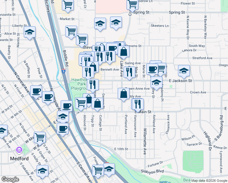 map of restaurants, bars, coffee shops, grocery stores, and more near 120 Stark Street in Medford