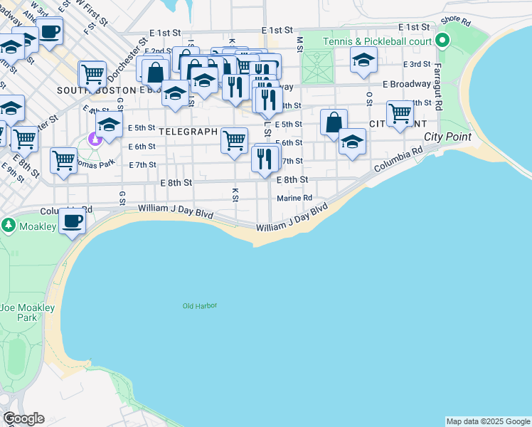 map of restaurants, bars, coffee shops, grocery stores, and more near 249 L Street in Boston