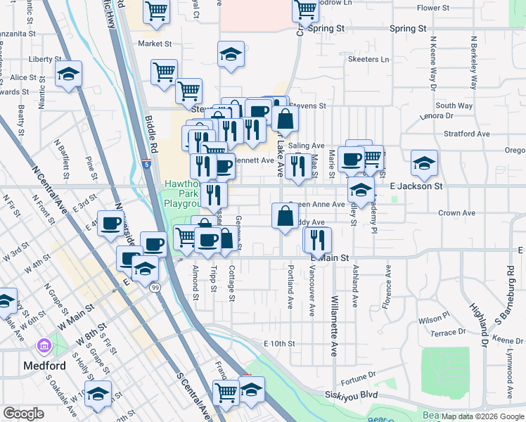 map of restaurants, bars, coffee shops, grocery stores, and more near 120 Stark Street in Medford