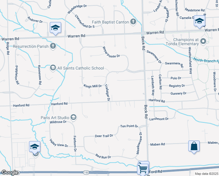 map of restaurants, bars, coffee shops, grocery stores, and more near 6444 Trafalgar Drive in Wayne County