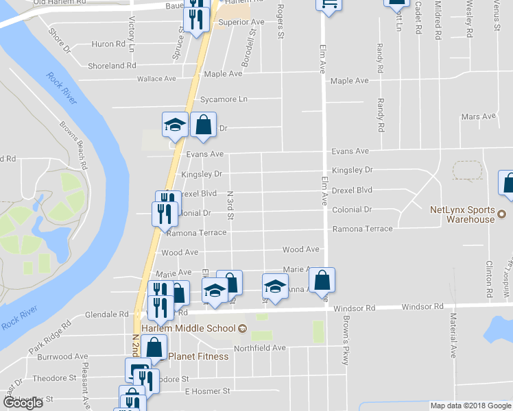 map of restaurants, bars, coffee shops, grocery stores, and more near 850 Colonial Drive in Machesney Park